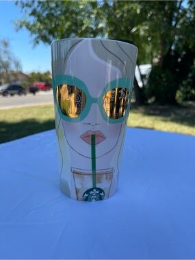 Starbucks Ceramic Tumbler with Teal Sunglasses and Gold-Mirror Accents